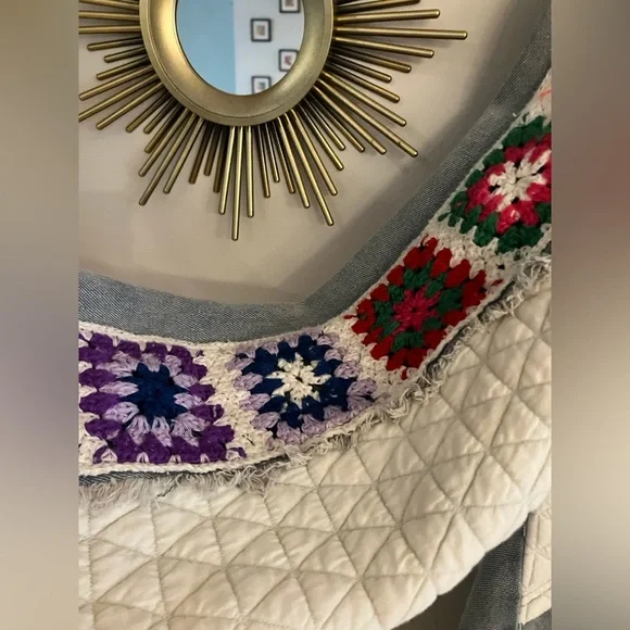 NWT POL Women's Colorful Patchwork Jean Jacket with Granny Square Sleeves - Picture 2 of 9